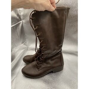 Brown Knee High Lace Up Zip Faux Leather Riding Boot Round Toe Women